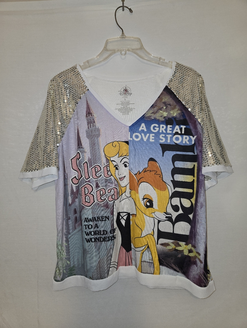 Disney Parks Sleeping Beauty Aurora & Bambi Gold Sequin Women’s Shirt Size L